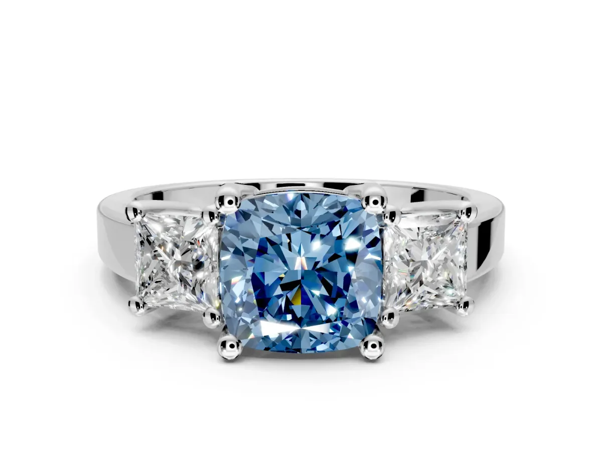 3 Stone Engagement Ring Setting for Fancy Blue Cushion Cut Center with Matching Side Accents and Prong Head in Sterling Silver