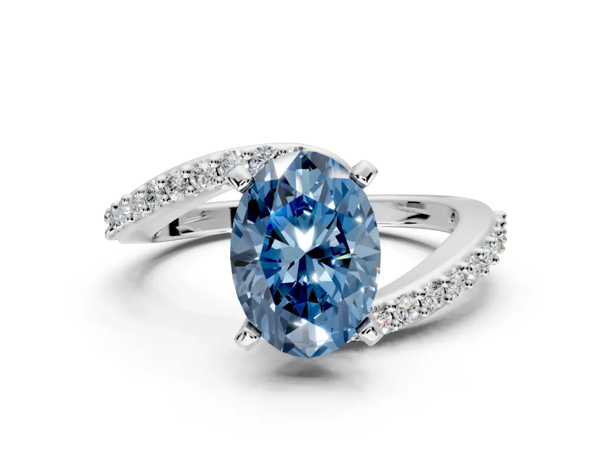 Solitaire Engagement Ring Setting for Fancy Blue Oval Center with Pave Bypass Swirl Band and Prong Head in Sterling Silver