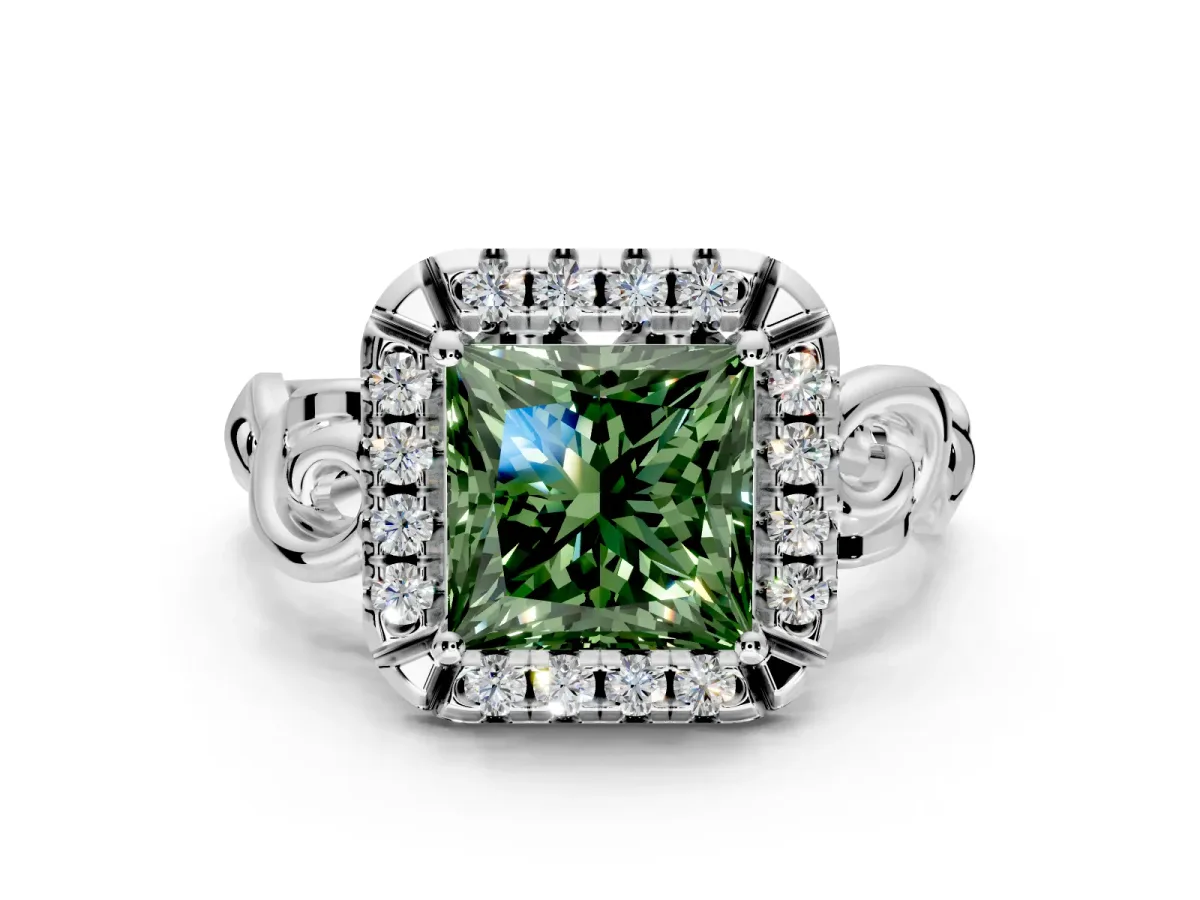 Halo Engagement Ring Setting for Fancy Green Princess Cut Center with Open Scroll Shoulders and Prong Head in Sterling Silver
