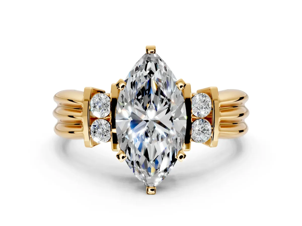 Solitaire Engagement Ring Setting for Marquise Center with Grooved Bar Accent Band and Prong Head in Yellow Gold