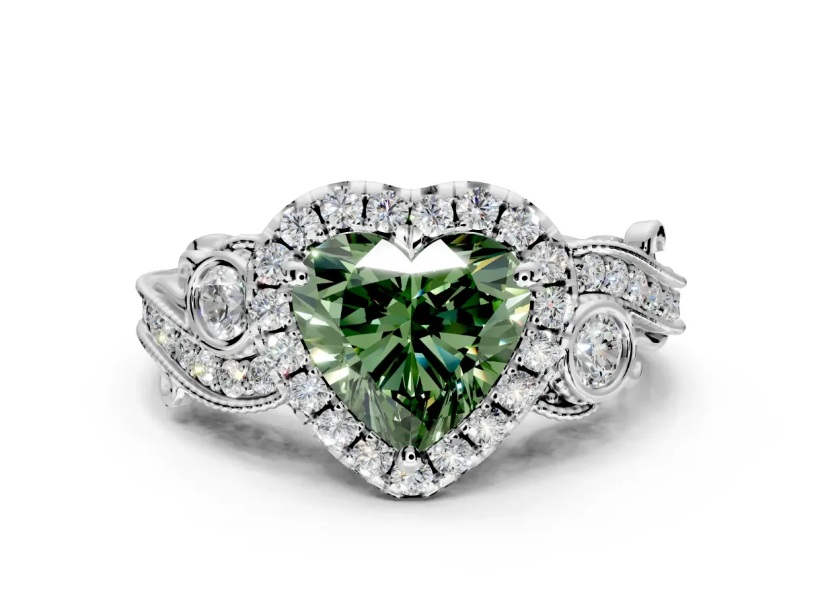 Milgrain Halo Engagement Ring Setting for Fancy Green Heart-Shaped Center with Shoulder Bezels and Prong Head in Platinum
