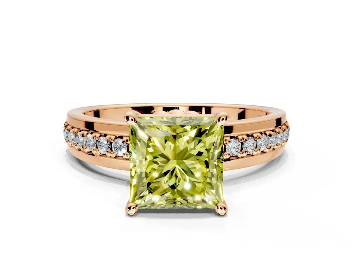 Solitaire Engagement Ring Setting for Fancy Yellow Princess Cut Center with Raised Channel Band and Prong Head in Rose Gold