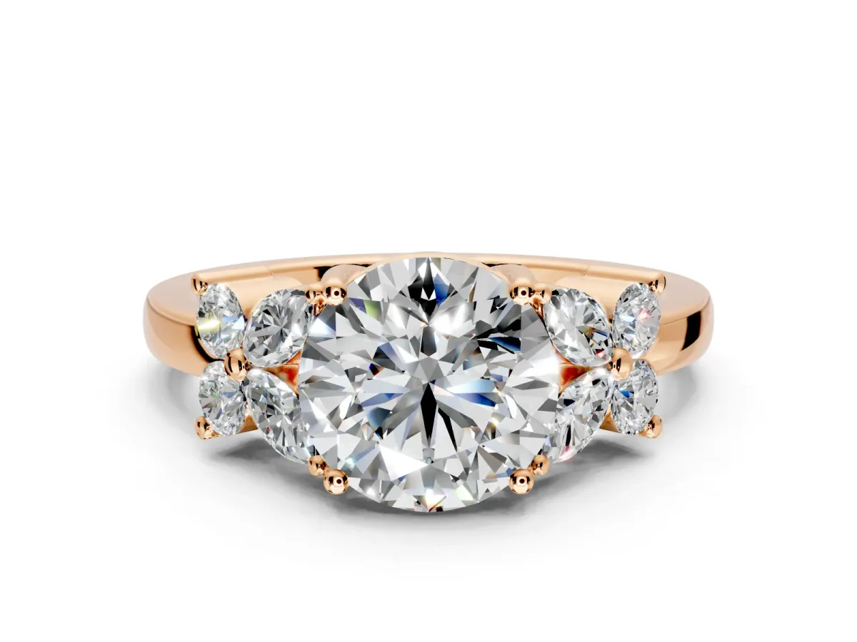 Floral Engagement Ring Setting for Round Cut Center with Marquise Cluster Shoulders and Prong Head in Rose Gold