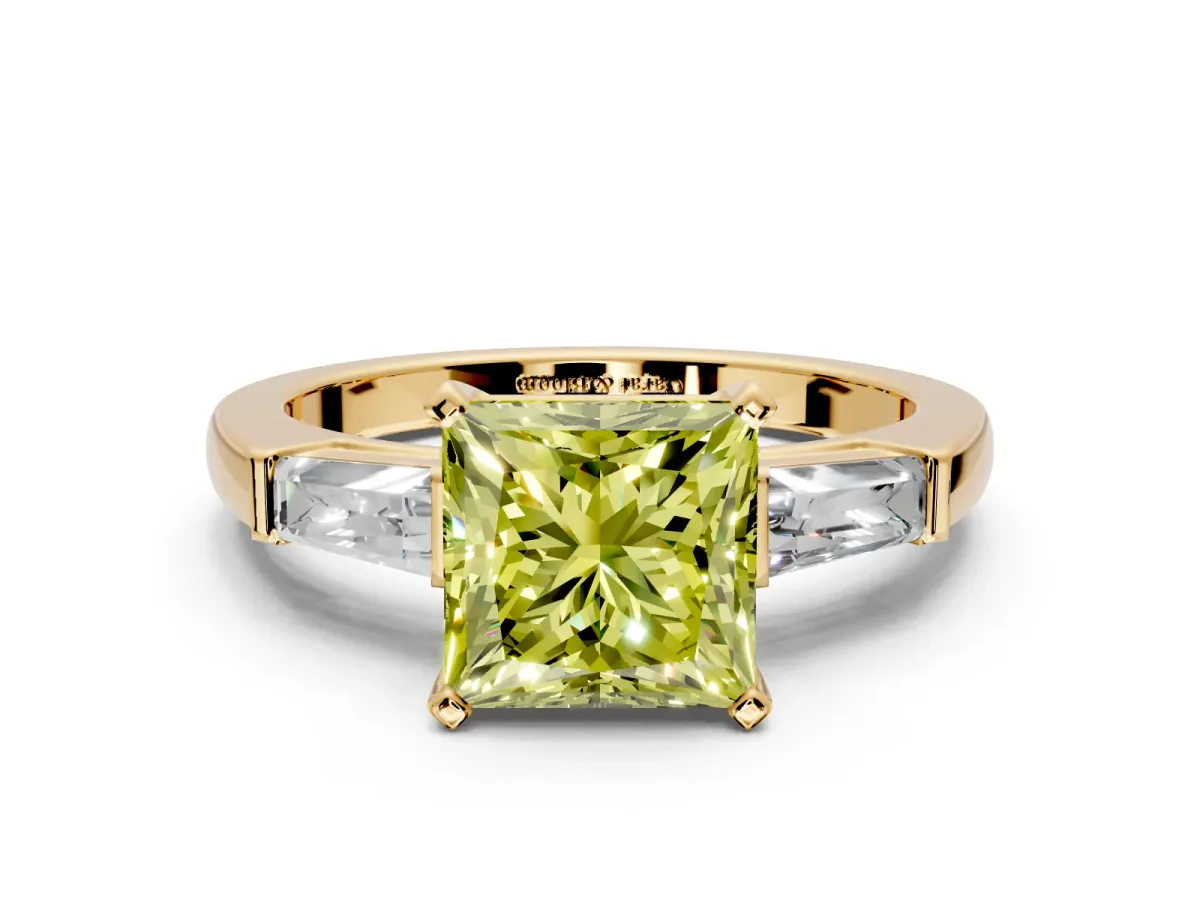 3 Stone Engagement Ring Setting for Fancy Yellow Princess Cut Center with Tapered Baguettes, Plain Band and Prong Head in Yellow Gold