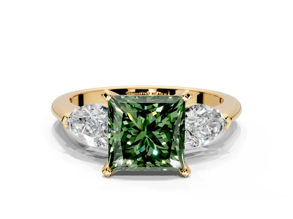 3 Stone Engagement Ring Setting for Fancy Green Princess Cut Center with Large Pear-Shaped Accents and Prong Head in Yellow Gold