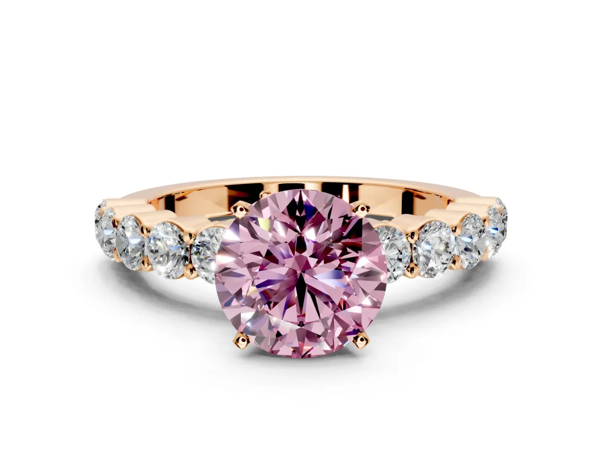 Shared-Prong Engagement Ring Setting for Fancy Pink Round Cut Center with Graduated Accents and Prong Head in Rose Gold