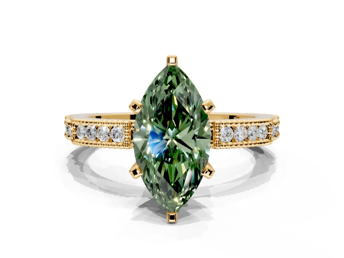 Solitaire Engagement Ring Setting for Fancy Green Marquise Center with Milgrain-Edged Pave Band and Prong Head in Yellow Gold