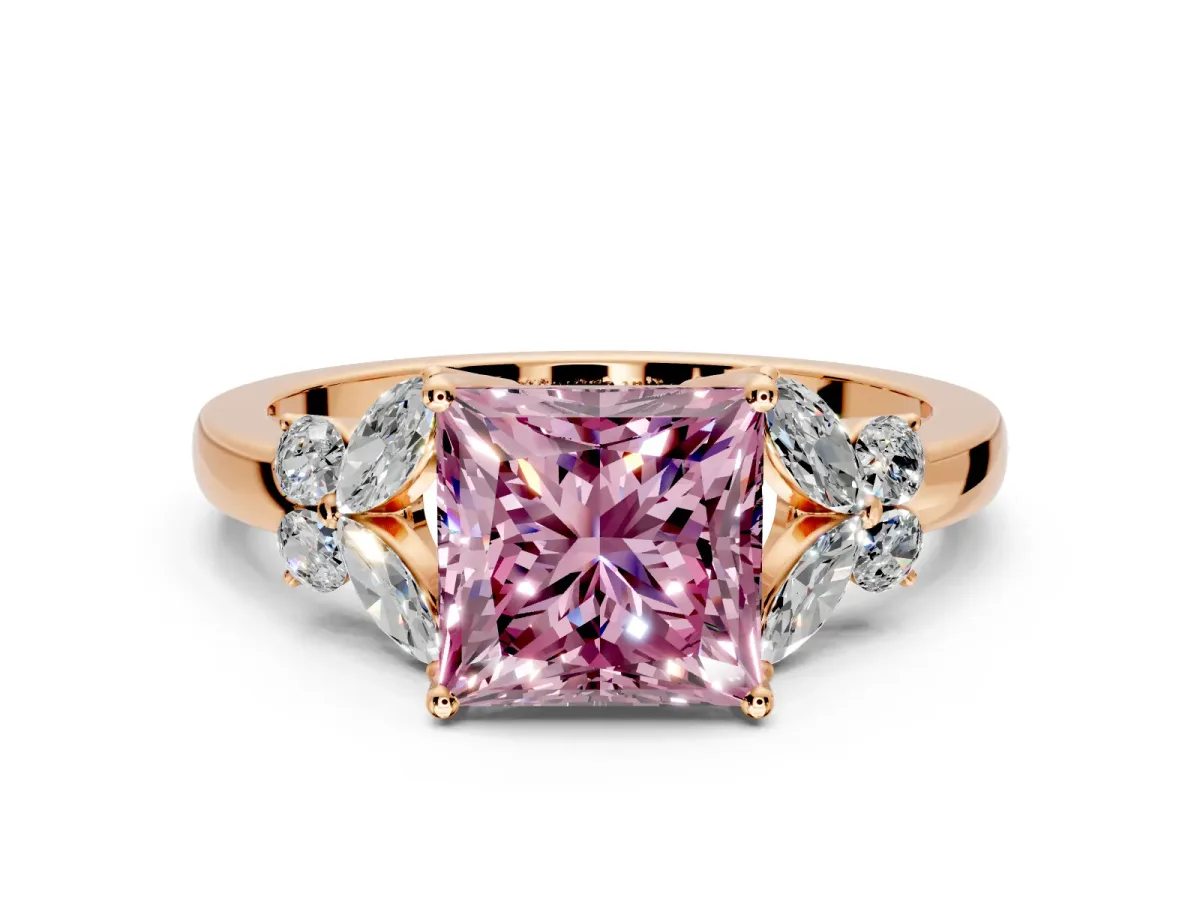 Solitaire Engagement Ring Setting for Fancy Pink Princess Cut Center with Marquise Flower Shoulders and Prong Head in Rose Gold