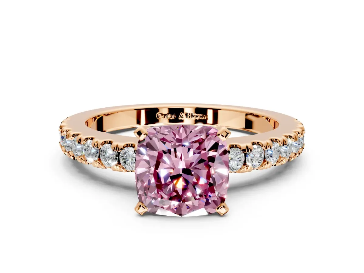 Solitaire Engagement Ring Setting for Fancy Pink Cushion Cut Center with Single Row Accent Band and Prong Head in Rose Gold