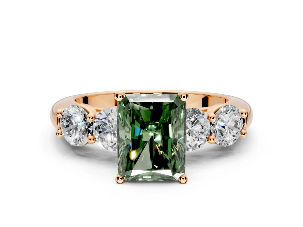 5 Stone Engagement Ring Setting for Fancy Green Radiant Cut Center with Graduated Accents and Prong Head in Rose Gold
