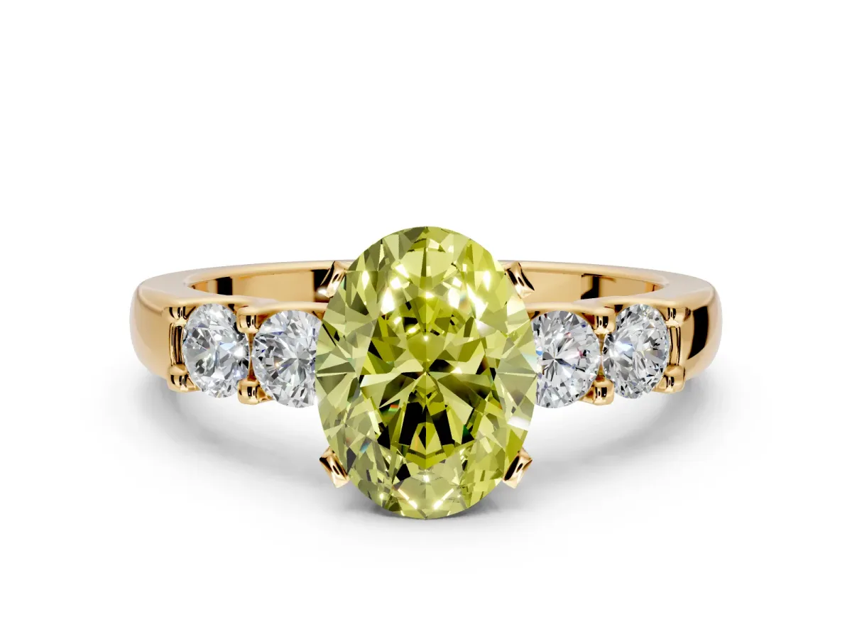5 Stone Engagement Ring Setting for Fancy Yellow Oval Center with Plain Band and Prong Head in Yellow Gold
