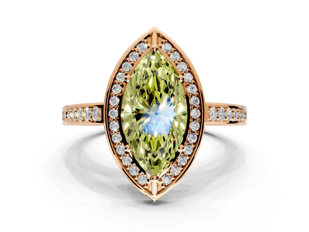 Halo Engagement Ring Setting for Fancy Yellow Marquise Center with Framed Halo, Pave Band and Prong Head in Rose Gold