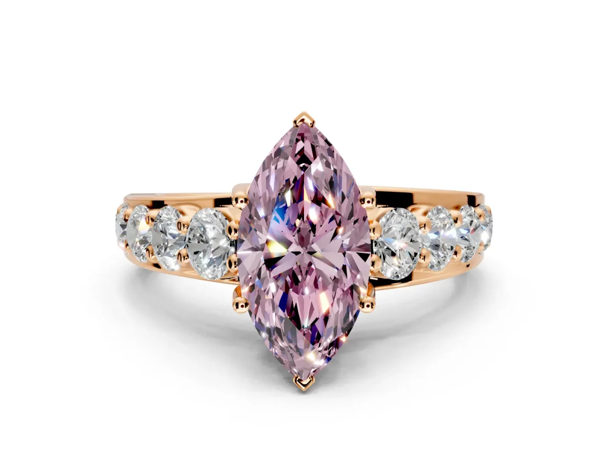 Solitaire Engagement Ring Setting for Fancy Pink Marquise Center with Graduated Shared Prongs and Prong Head in Rose Gold