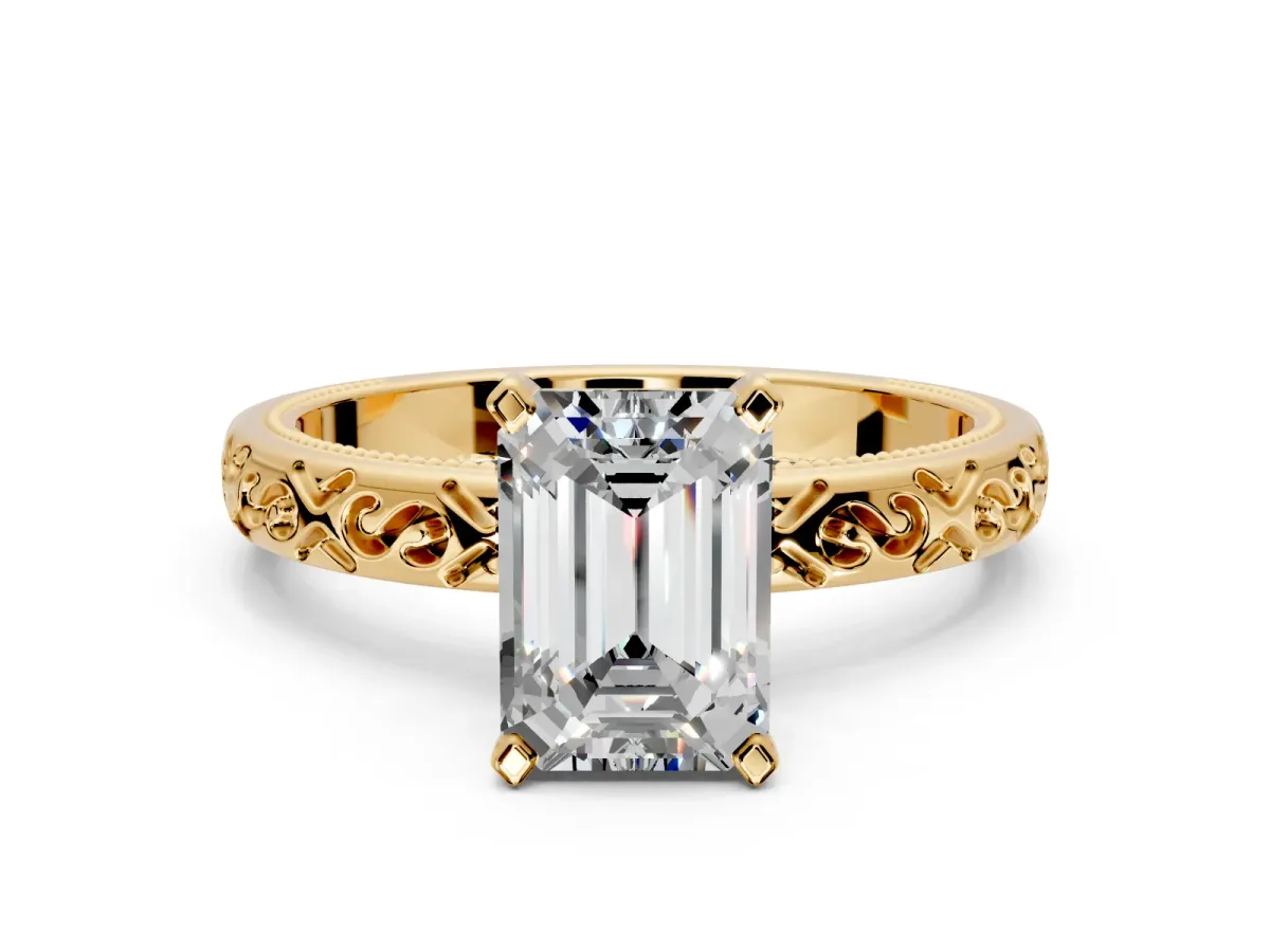 Solitaire Engagement Ring Setting for Emerald Cut Center with Scrollwork Band and Prong Head in Yellow Gold