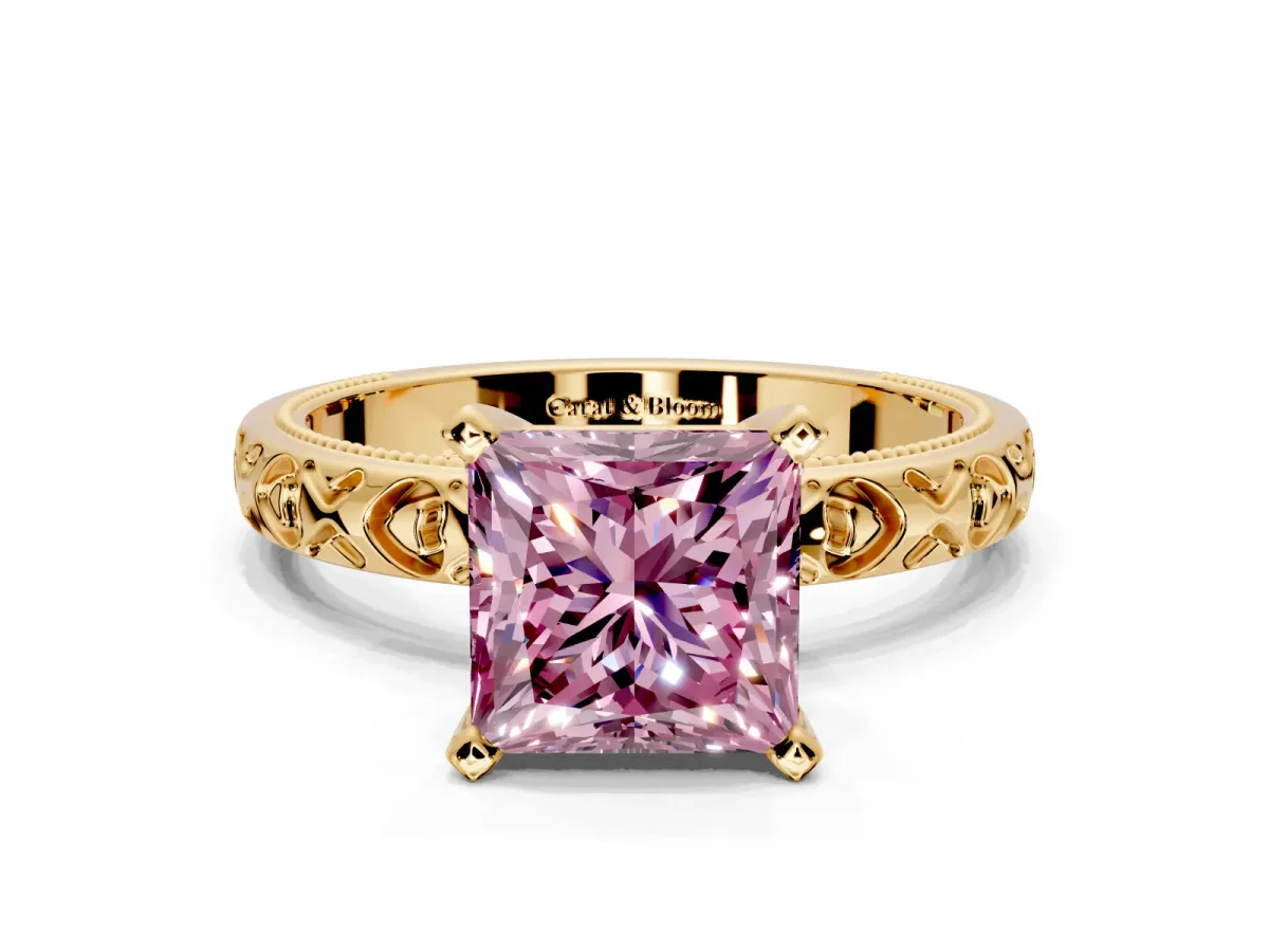 Solitaire Engagement Ring Setting for Fancy Pink Princess Cut Center with XO Engraved Band and Prong Head in Yellow Gold