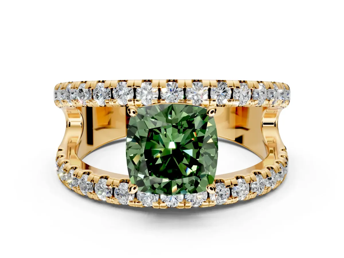 Solitaire Engagement Ring Setting for Fancy Green Cushion Cut Center with Wide-Open Split Shank and Prong Head in Yellow Gold
