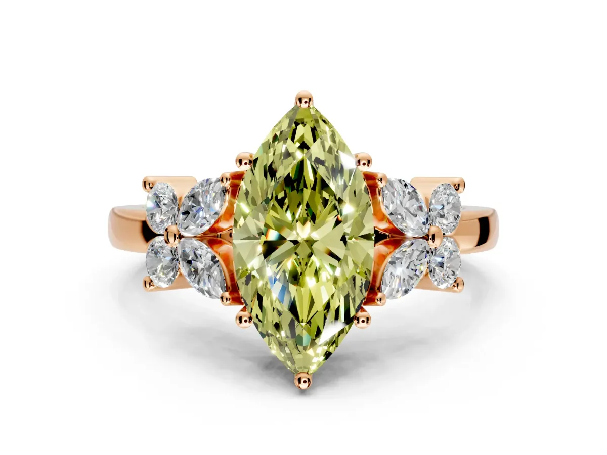 Floral Engagement Ring Setting for Fancy Yellow Marquise Center with Marquise Cluster Shoulders and Prong Head in Rose Gold