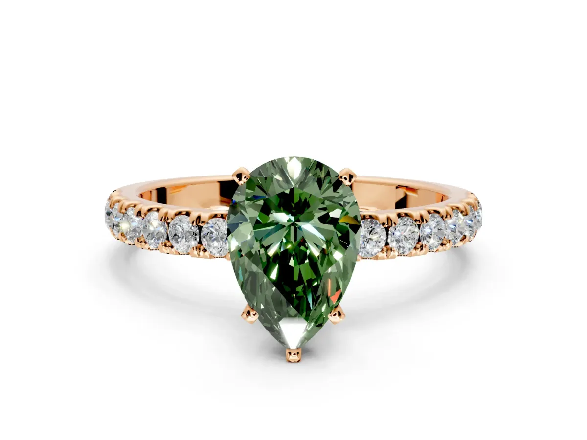 Open Basket Engagement Ring Setting for Fancy Green Pear-Shaped Center with Pave Band and Prong Head in Rose Gold