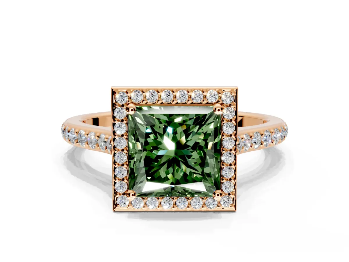 Halo Engagement Ring Setting for Fancy Green Princess Cut Center with Pave Accents, Heart Basket and Prong Head in Rose Gold