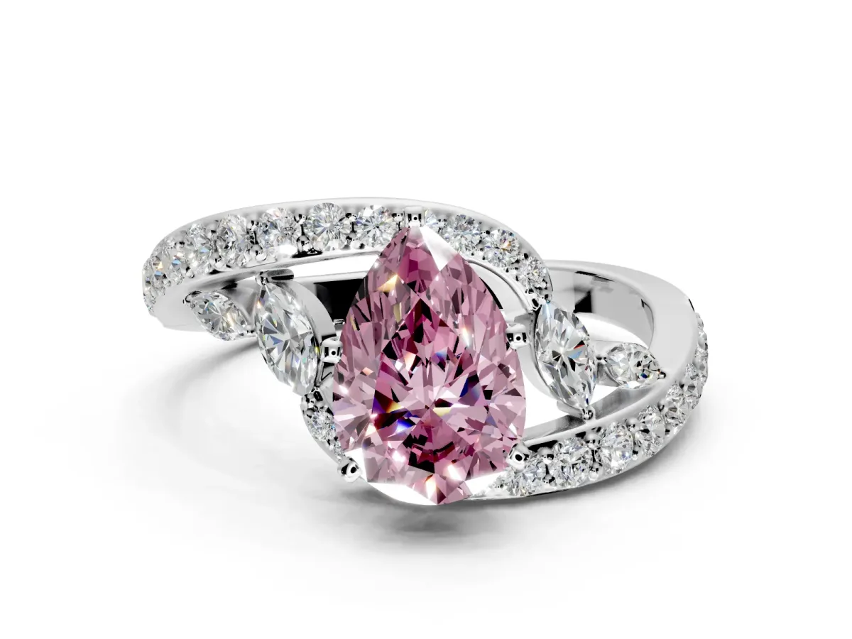 Solitaire Engagement Ring Setting for Fancy Pink Pear-Shaped Center with Pave Bypass Twist Band and Prong Head in Platinum
