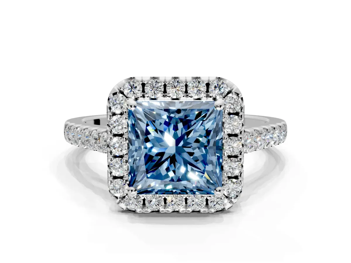 Halo Engagement Ring Setting for Fancy Blue Princess Cut Center with Narrowing Pave Band and Prong Head in Sterling Silver