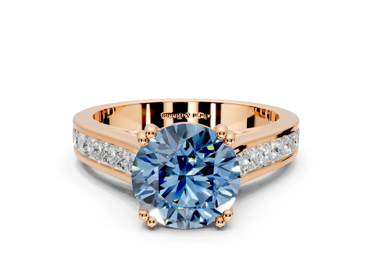 Solitaire Engagement Ring Setting for Fancy Blue Round Cut Center with Channel Band and Double Claw Prong Head in Rose Gold