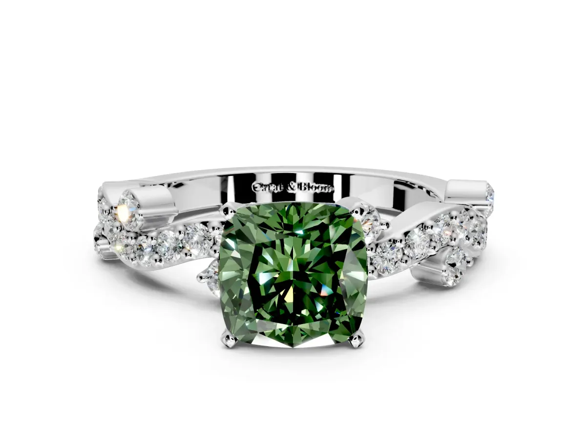 Solitaire Engagement Ring Setting for Fancy Green Cushion Cut Center with Bar-Station Pave Twist and Prong Head in Sterling Silver