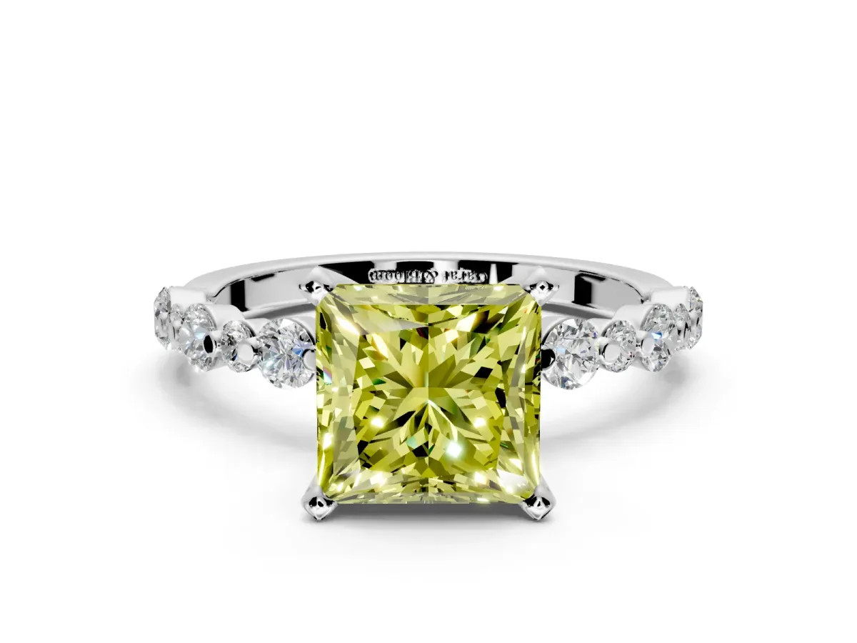 Solitaire Engagement Ring Setting for Fancy Yellow Princess Cut Center with Alternating Size Accents and Prong Head in Platinum