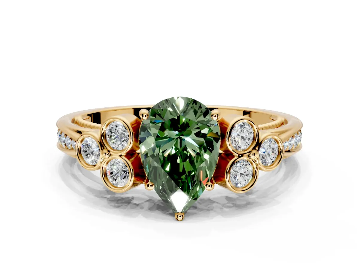 Cluster Engagement Ring Setting for Fancy Green Pear-Shaped Center with Bezel Accent Clusters and Prong Head in Yellow Gold
