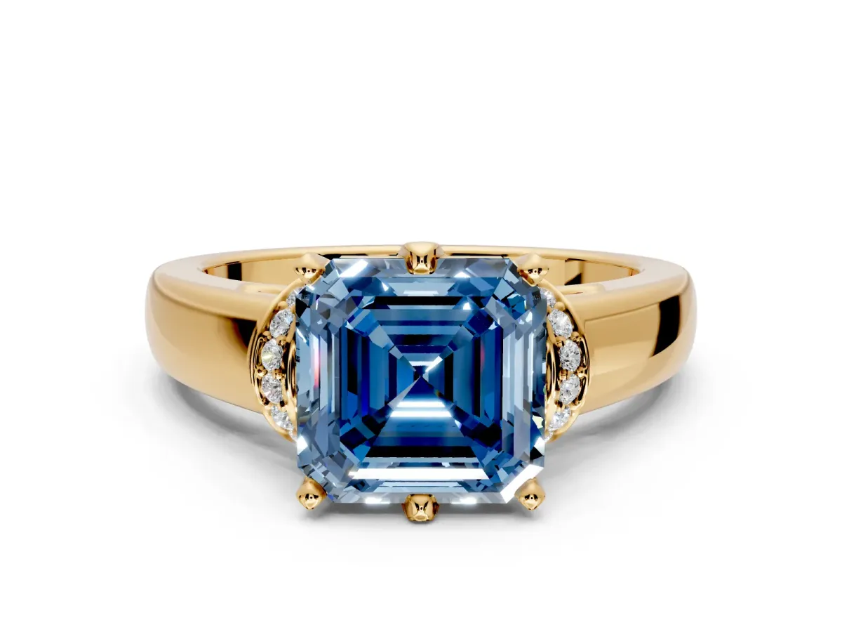 Solitaire Engagement Ring Setting for Fancy Blue Asscher Cut Center with Wide Band, Pave Collar and Prong Head in Yellow Gold