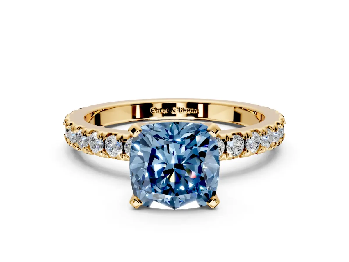 Solitaire Engagement Ring Setting for Fancy Blue Cushion Cut Center with Fine Pave Band and Claw Prong Head in Yellow Gold