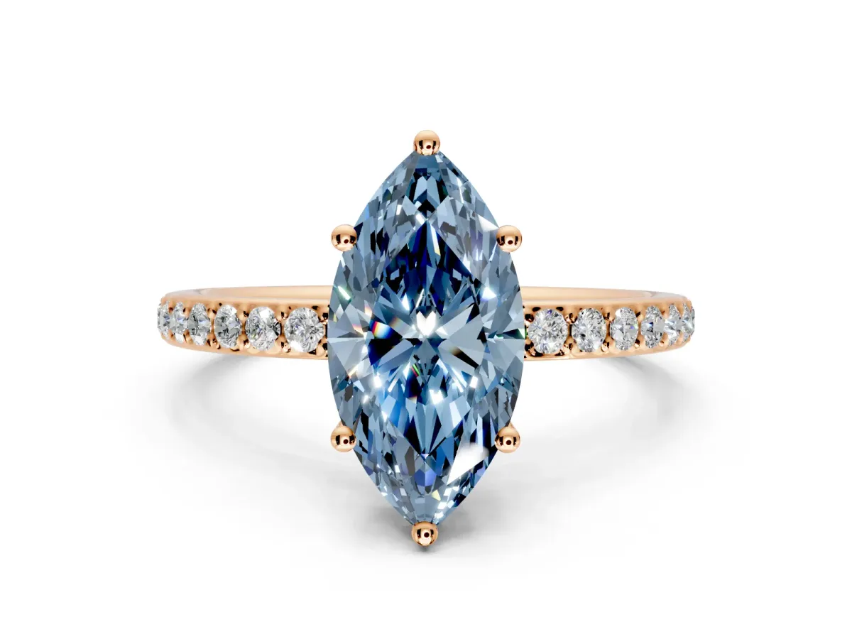 Solitaire Engagement Ring Setting for Fancy Blue Marquise Center with Fine Pave Band and Prong Head in Rose Gold