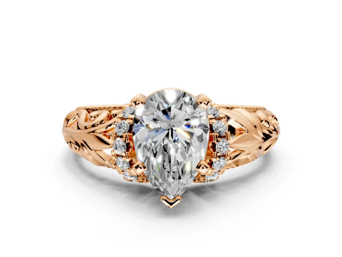 Solitaire Engagement Ring Setting for Pear-Shaped Center with Filigree Accent Basket and Prong Head in Rose Gold