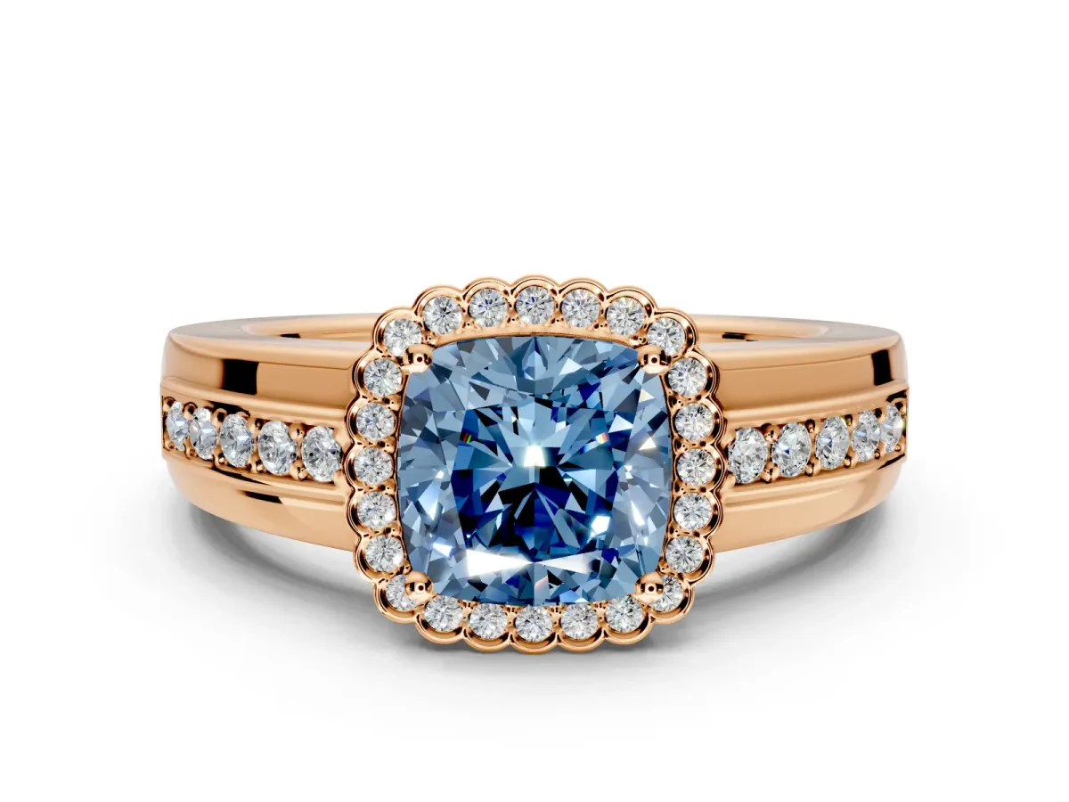 Halo Engagement Ring Setting for Fancy Blue Cushion Cut Center with Wide Band, Inlaid Accent Row and Prong Head in Rose Gold
