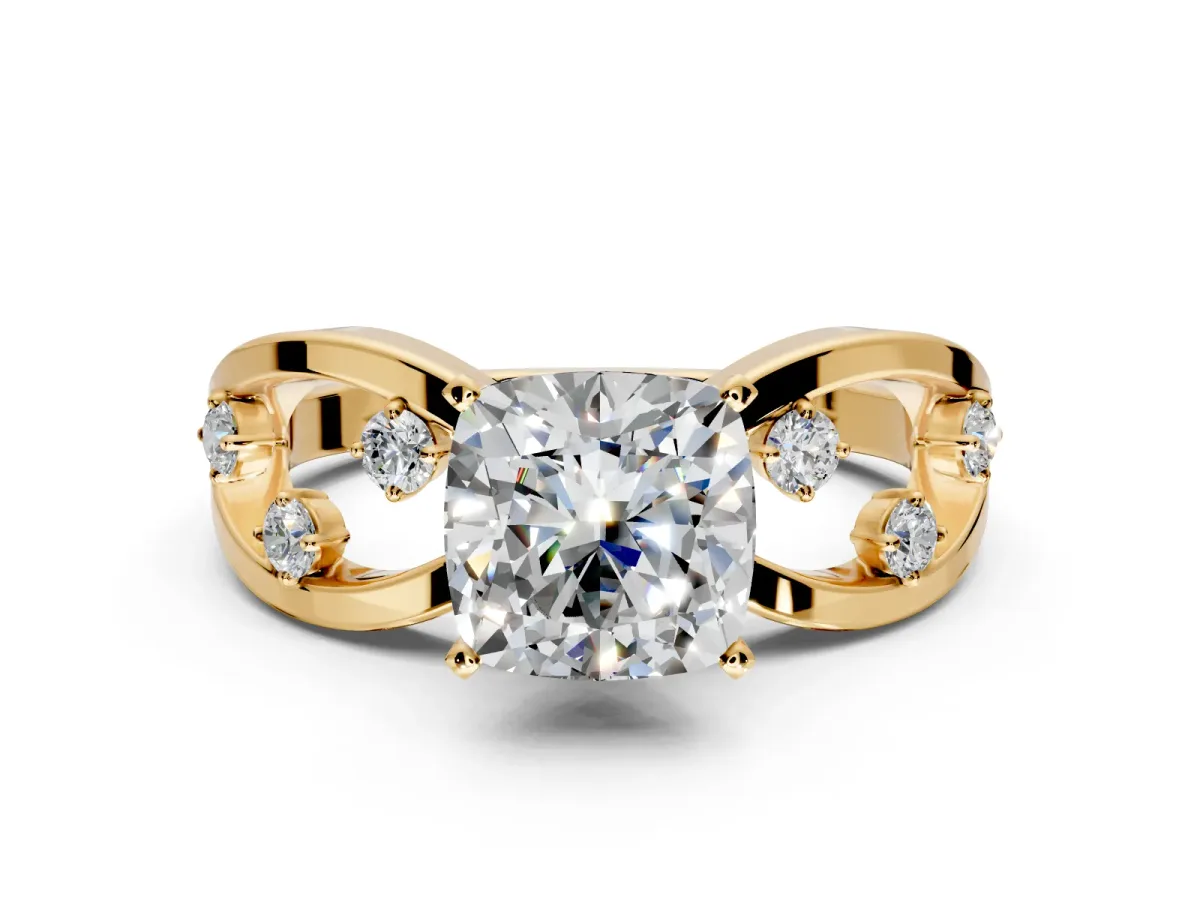 Solitaire Engagement Ring Setting for Cushion Cut Center with Criss-Cross Accent Band and Prong Head in Yellow Gold