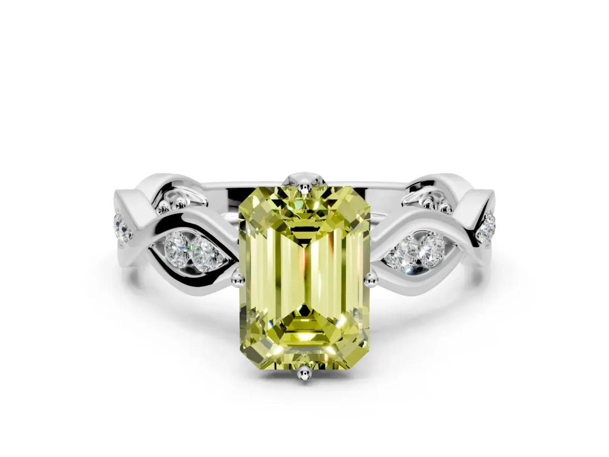 Solitaire Engagement Ring Setting for Fancy Yellow Emerald Cut Center with Accented Twist Band and Leaf Prong Head in Platinum