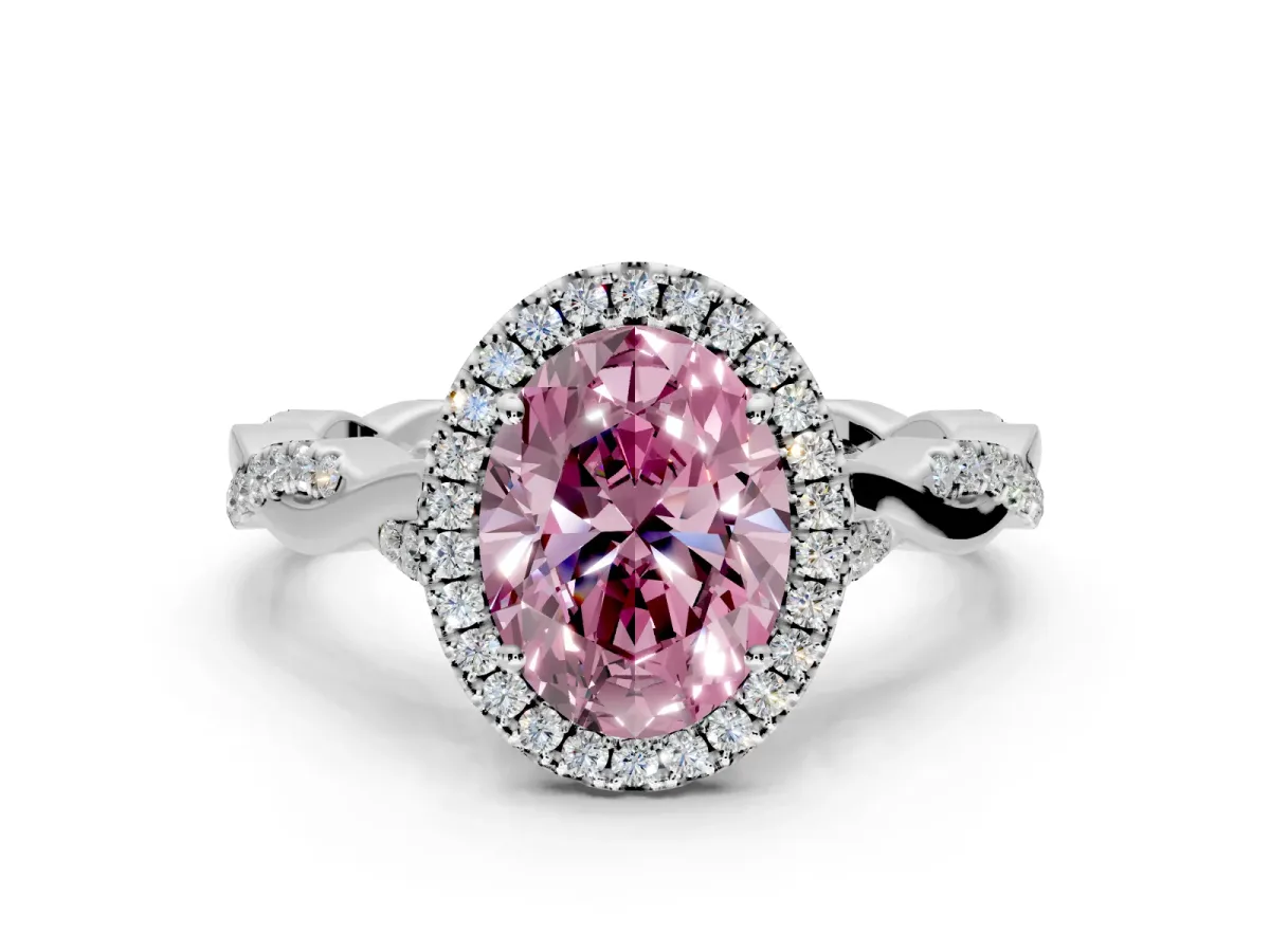 Halo Engagement Ring Setting for Fancy Pink Oval Center with Twist Band and Prong Head in Sterling Silver