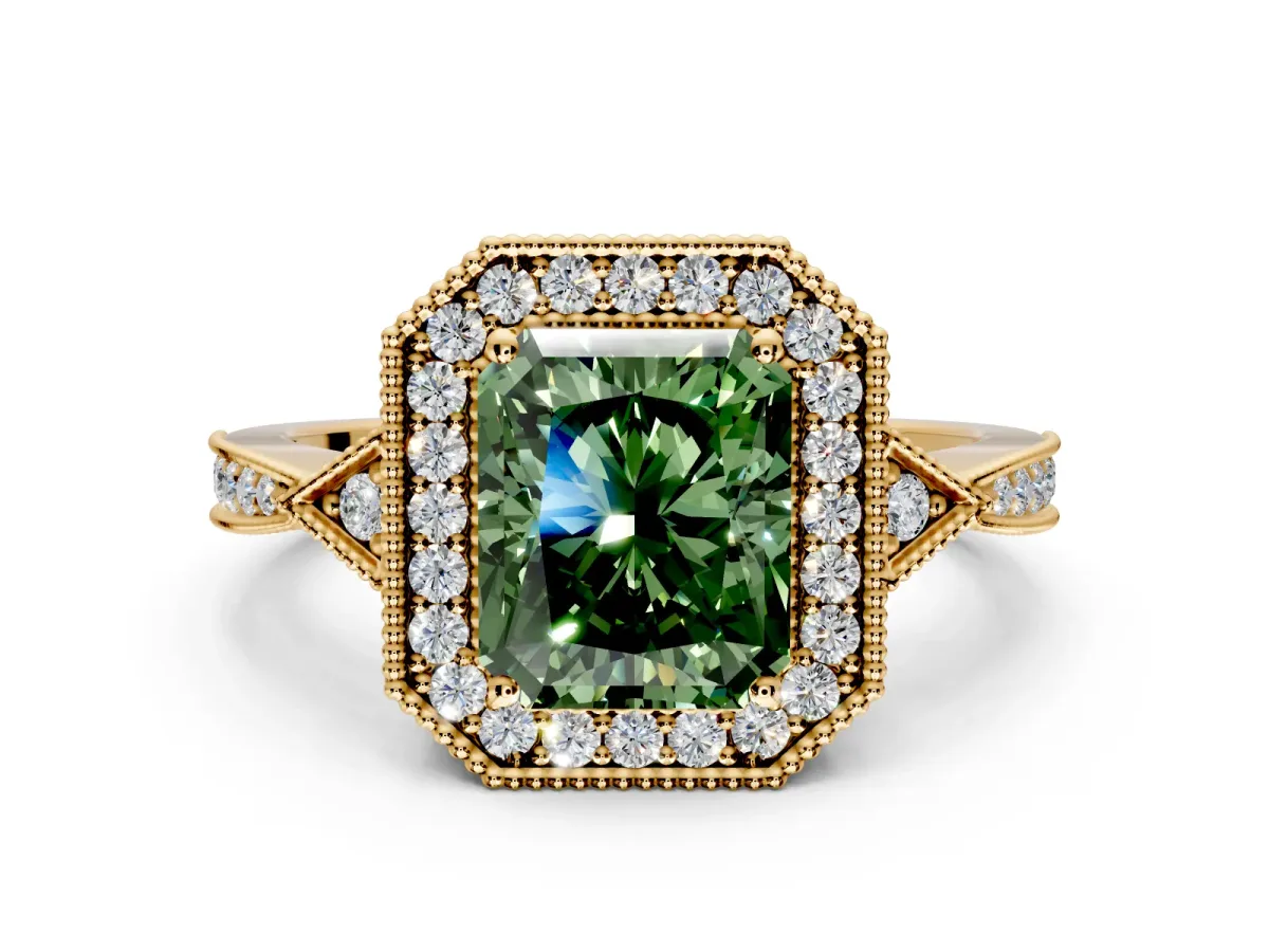 Halo Engagement Ring Setting for Fancy Green Radiant Cut Center with Milgrain Rim, Pave Band and Prong Head in Yellow Gold