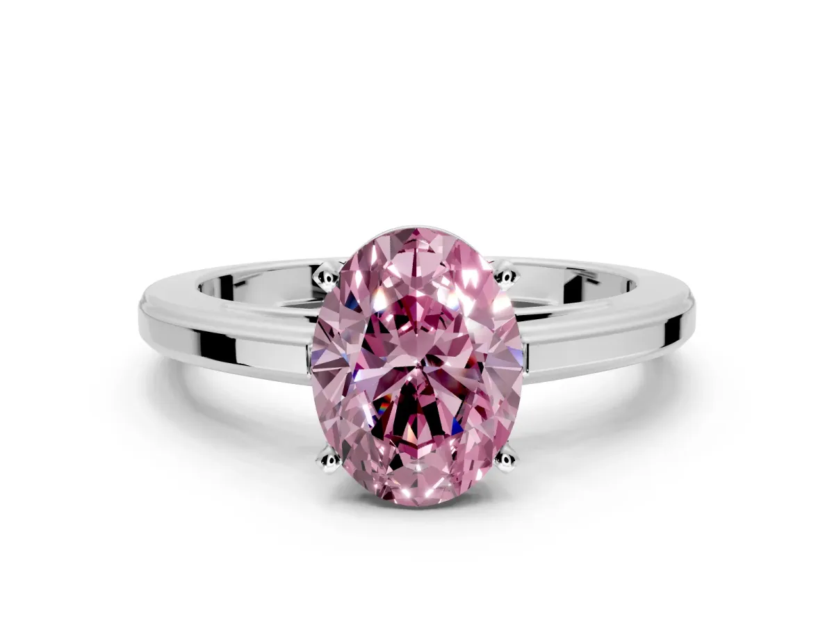 Solitaire Engagement Ring Setting for Fancy Pink Oval Center with Flat-Sided Plain Band and Prong Head in Sterling Silver