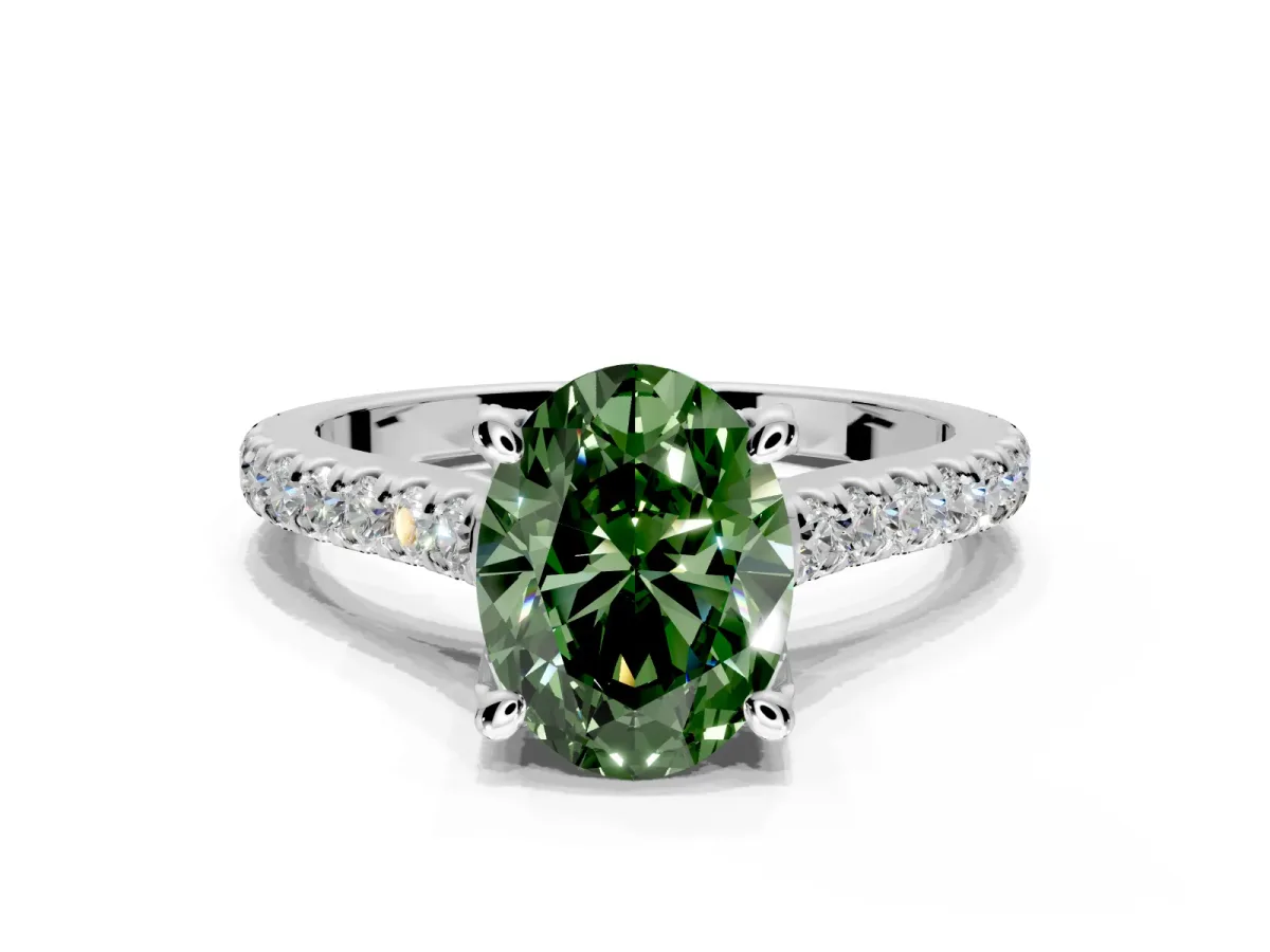 Solitaire Engagement Ring Setting for Fancy Green Oval Center with Widening Pave Band and Claw Prong Head in Platinum