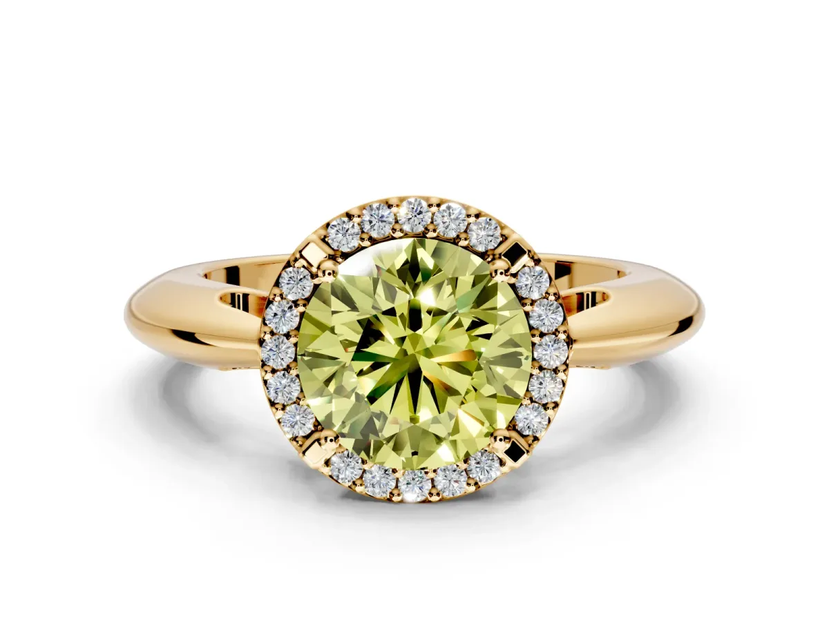 Halo Engagement Ring Setting for Fancy Yellow Round Cut Center with Tapered Plain Band and Prong Head in Yellow Gold