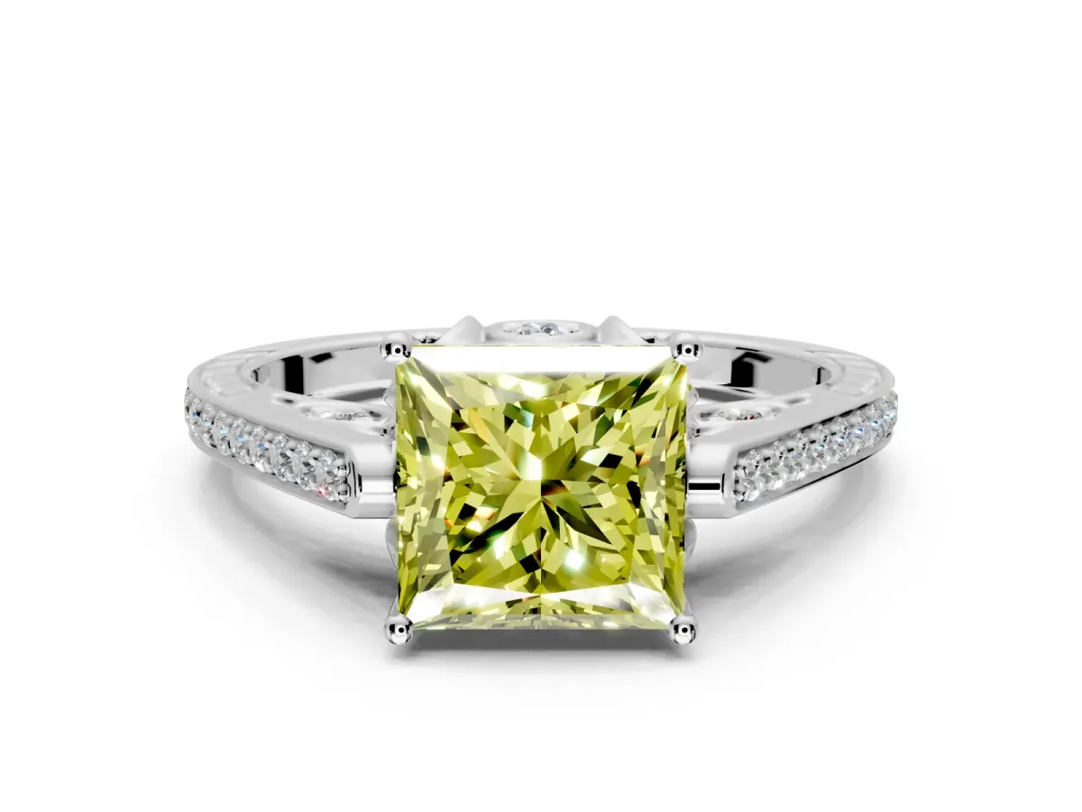 Cathedral Engagement Ring Setting for Fancy Yellow Princess Cut Center with Antique-Style Pave Band and Prong Head in White Gold
