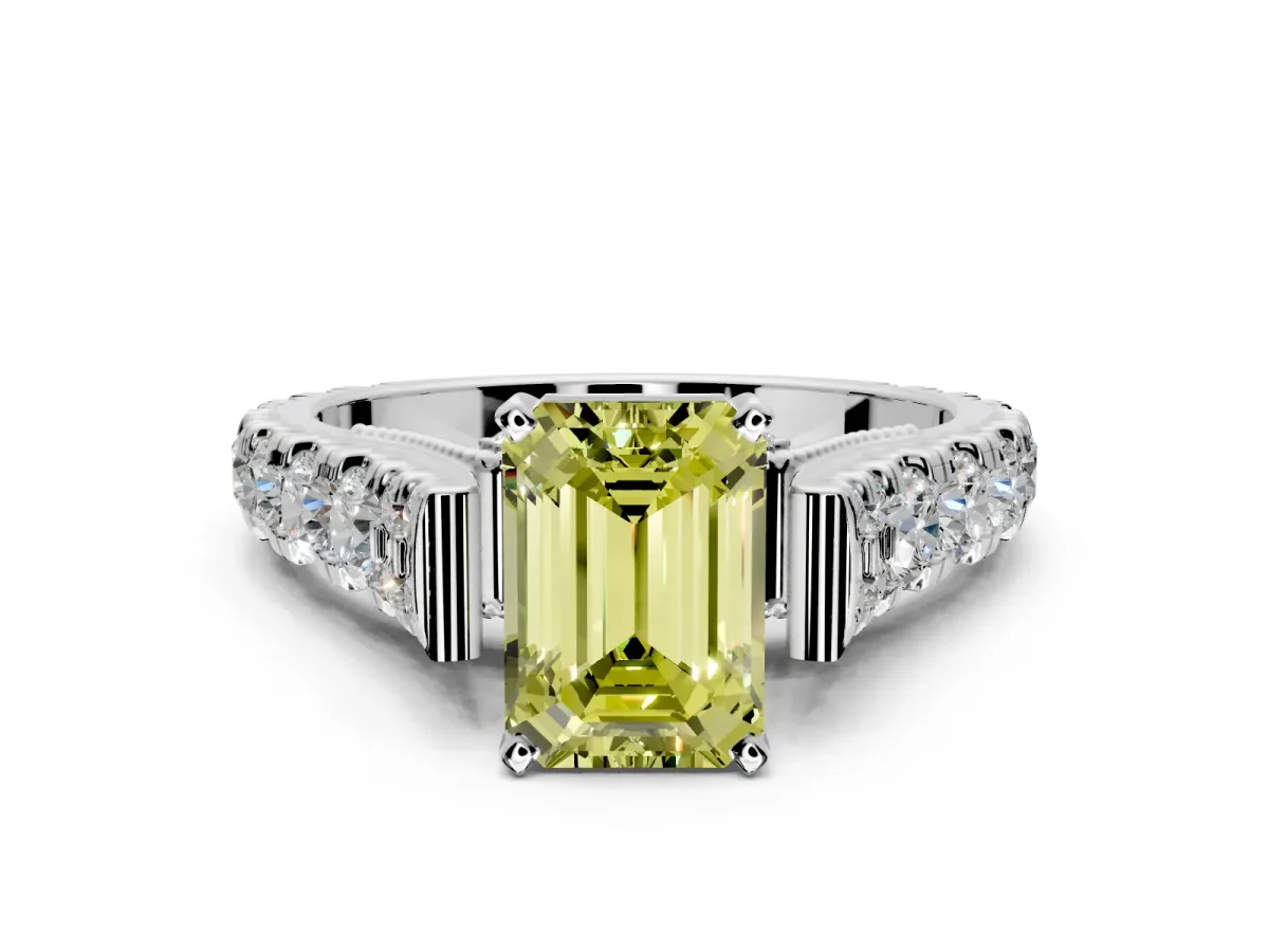 Solitaire Engagement Ring Setting for Fancy Yellow Emerald Cut Center with Pave Cathedral Shoulders and Prong Head in Platinum