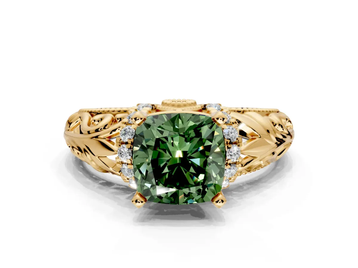 Solitaire Engagement Ring Setting for Fancy Green Cushion Cut Center with Filigree Accent Basket and Prong Head in Yellow Gold