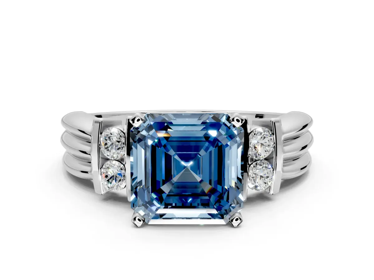 Solitaire Engagement Ring Setting for Fancy Blue Asscher Cut Center with Grooved Bar Accent Band and Prong Head in Platinum