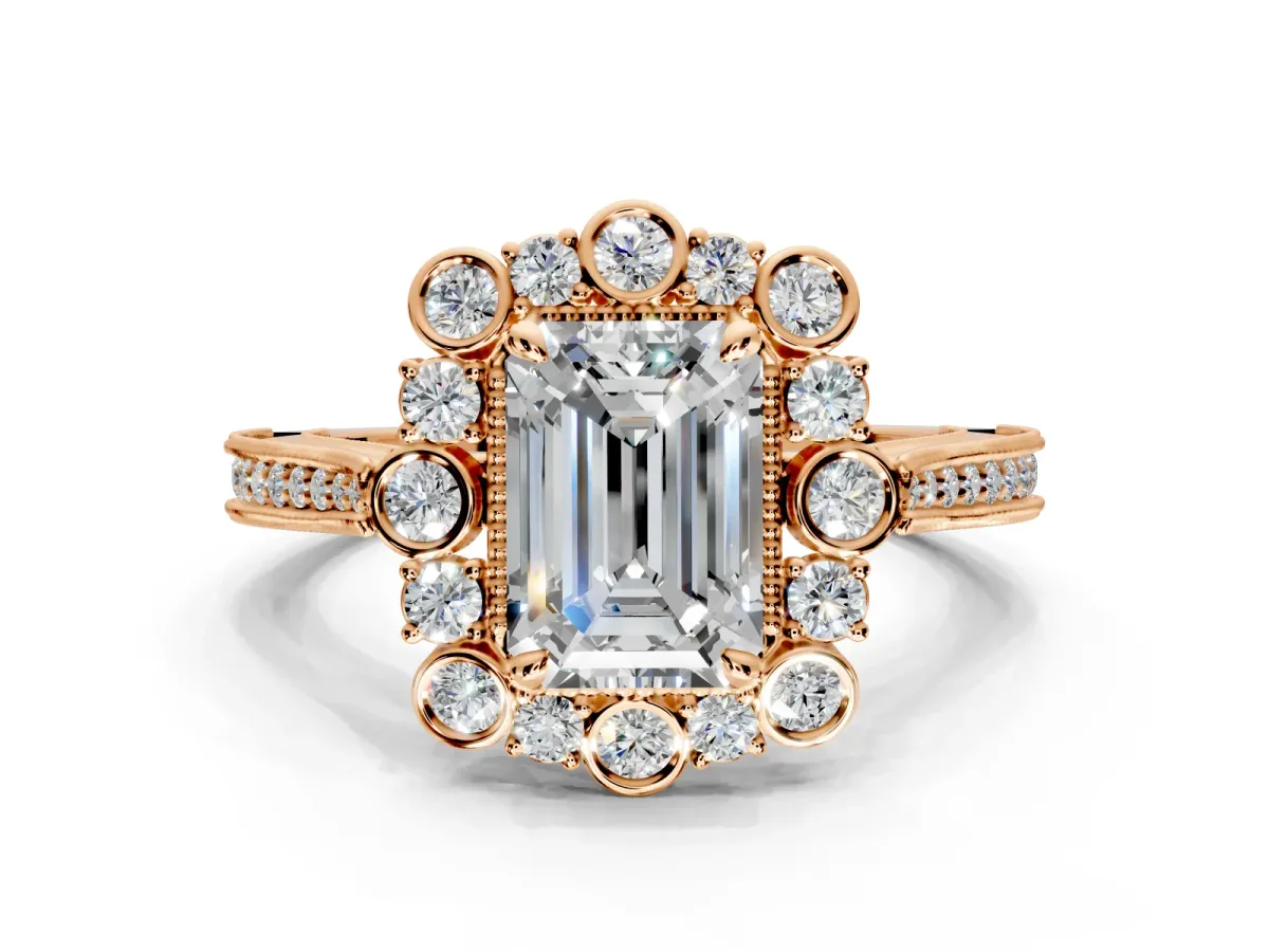Milgrain Halo Engagement Ring Setting for Emerald Cut Center with Bezel Point Accents and Prong Head in Rose Gold