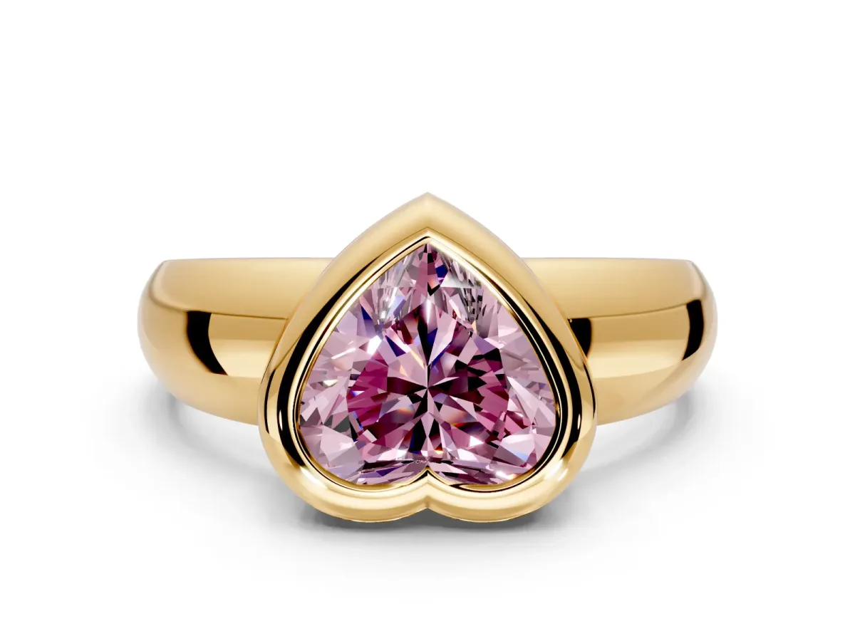 Solitaire Engagement Ring Setting for Fancy Pink Heart-Shaped Center with Wide Band and Bezel Head in Yellow Gold
