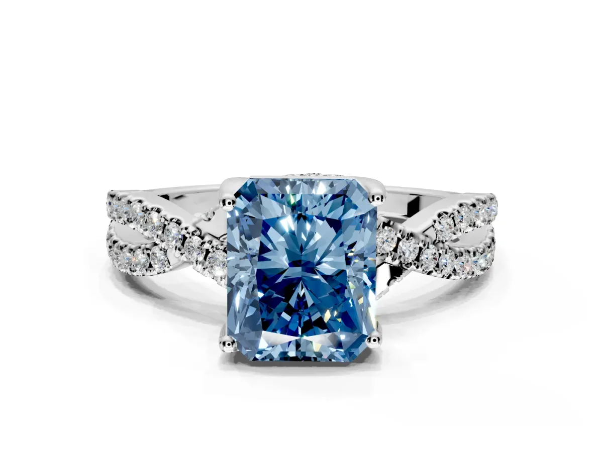 Solitaire Engagement Ring Setting for Fancy Blue Radiant Cut Center with Narrow Twist Pave Band and Prong Head in Platinum
