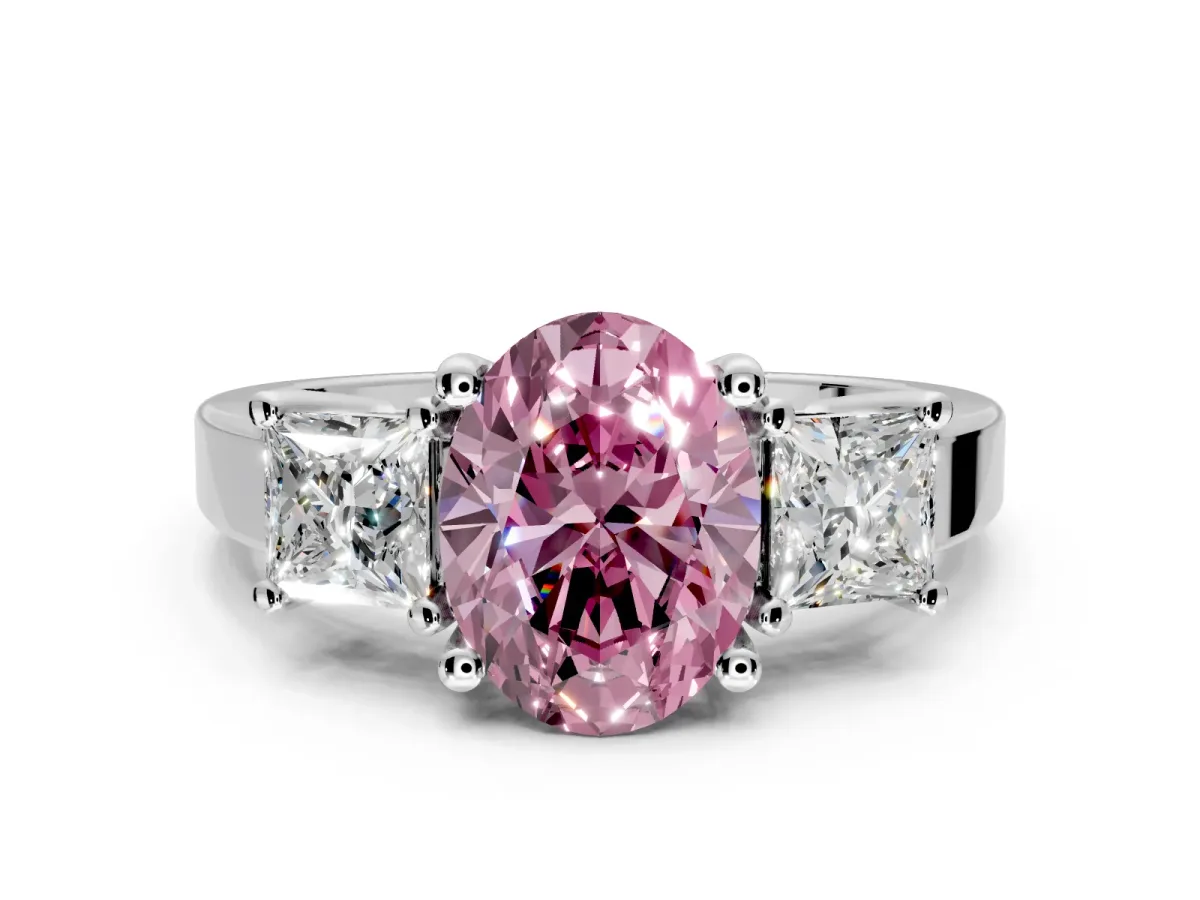 3 Stone Engagement Ring Setting for Fancy Pink Oval Center with Matching Side Accents and Prong Head in White Gold