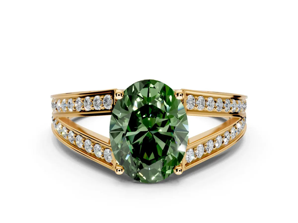 Split Shank Engagement Ring Setting for Fancy Green Oval Center with Pave Split Shank and Prong Head in Yellow Gold